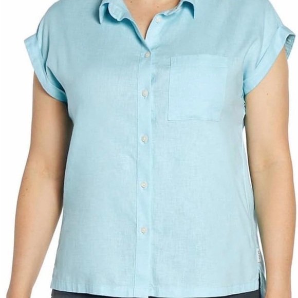 Orvis Tops - Orvis Women’s Beachy Blue S/S Linen Blend Button Up Collared Shirt Size 2XL